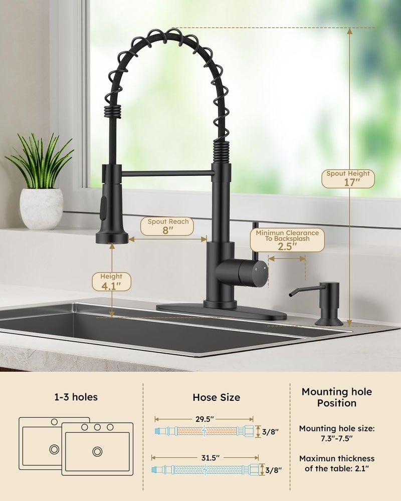 Arofa Kitchen Faucet with Soap Dispenser, Stainless Steel Kitchen Sink Faucets with Pull-Down Sprayer 2 Mode, Single Handle Modern Spring Faucet for 1 or 3 Hole, Matte Black RV & Bar Faucets - Image 3
